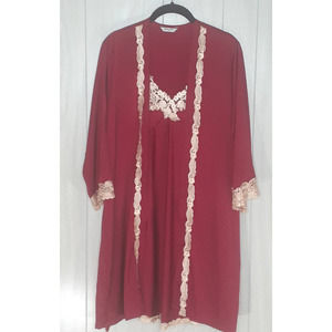 SapJon 4-piece Pajama Set Satin Burgundy Red & Cream Size M Pants Robe Chemise